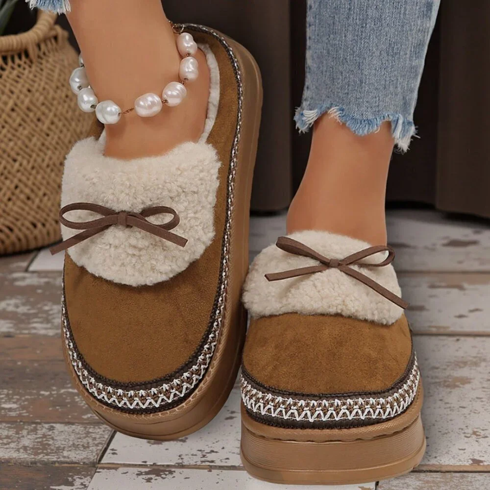 Camel Casual Women's Thick Flat Suede Shearling Slippers